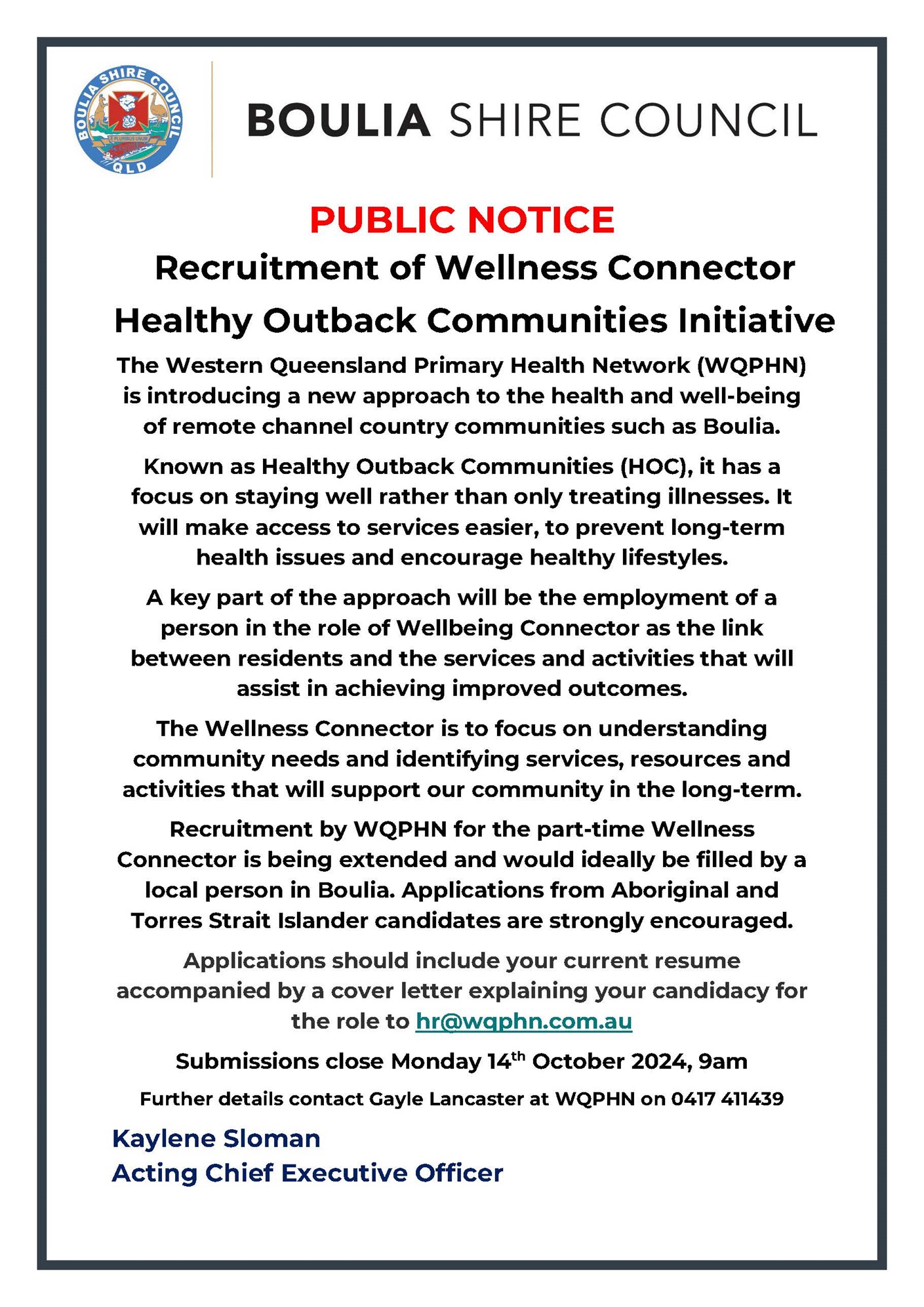 Recruitment of Wellness Connector, Health Outback Communities Initiative